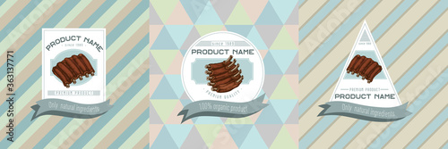 Three colored labels with illustration of Pork ribs