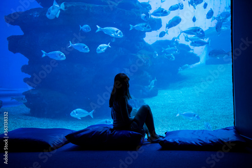 Woman silhouette in front of big aquarium. Dark blue photo with sea fish.