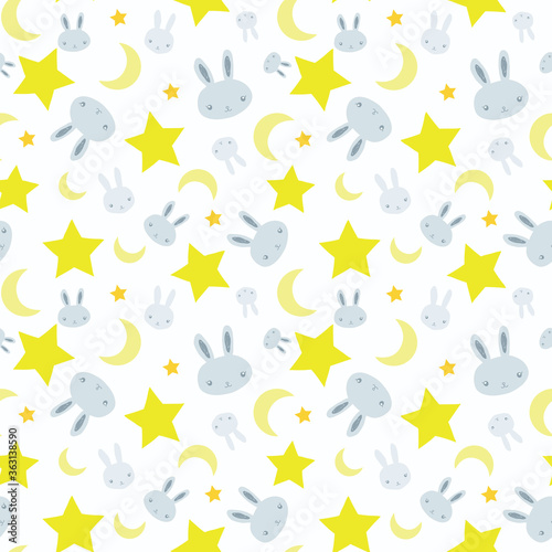 Fototapeta Naklejka Na Ścianę i Meble -  Baby boy nursery seamless pattern with blue bunnies, cute rabbits, stars and moon on white background. Perfect for fabric, textile, nursery decoration, baby shower. Surface pattern design.