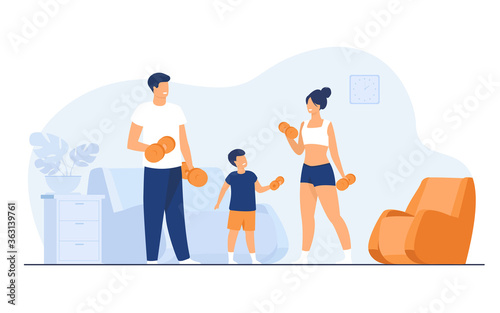 Family sport activity concept. Parents and child lifting weight, exercising with dumbbells at home. Vector illustration for quarantine, body training, indoor workout topics