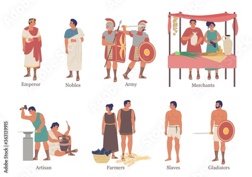 Ancient Rome social hierarchy structure character set, vector flat isolated illustration. Upper and lower classes of ancient roman hierarchy. photo