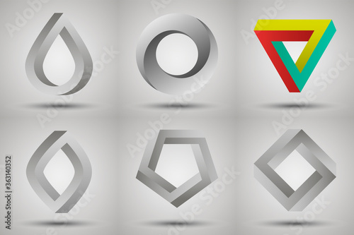 Impossible triangle and  geometric shapes. Vector logo templates. Abstract isometric optical illusion.