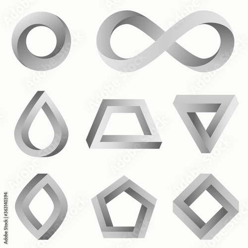 Impossible objects: triangle, infinity symbol, circle, square. Vector shapes. photo