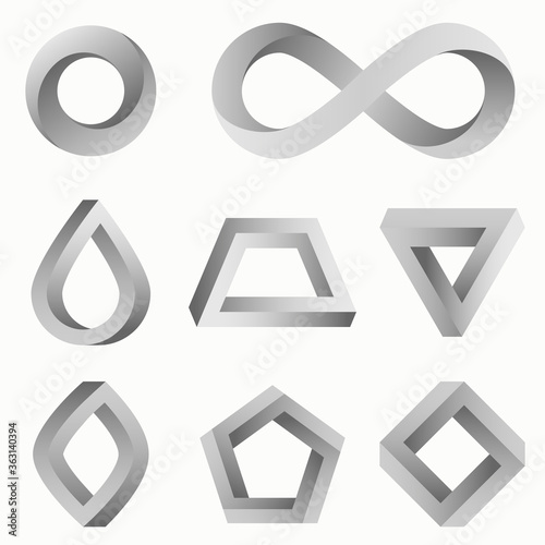 Impossible objects: triangle, infinity symbol, circle, square. Vector shapes.