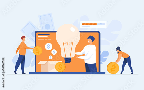 Investment and crowdfunding concept. People investing money to startup project, raising cash for donation on internet. Vector illustration for cooperation, business, sponsor topics photo