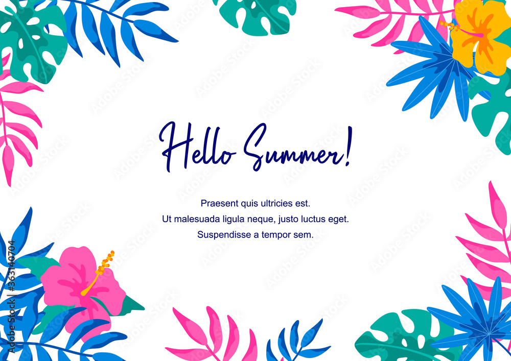Horizontal summer design with hand drawn elements for banners, letters, invitation, messages, social media, cards. Vector illustration. Space for text. Hello Summer lettering