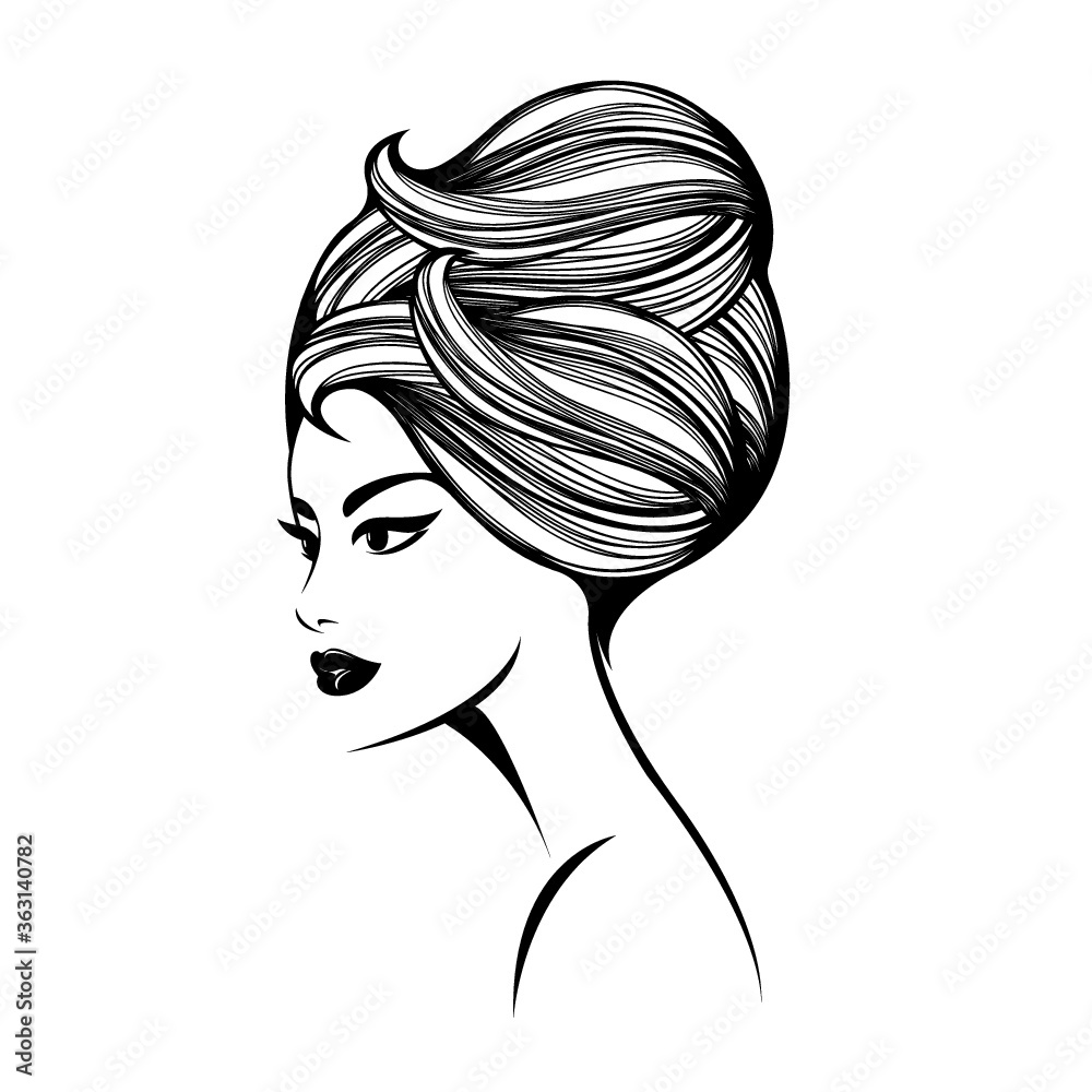 Woman with elegant hairstyle and makeup.Beauty salon and hair studio logo.Cosmetics and spa icon.Profile view young, beautiful lady portrait.Smiling face.Retro style, wavy hair bun.