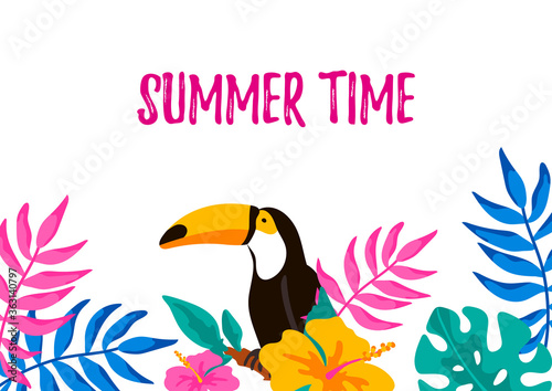 Horizontal summer design with hand drawn elements for banners, letters, invitation, messages, social media, cards. Vector illustration. Space for text. Summer time lettering