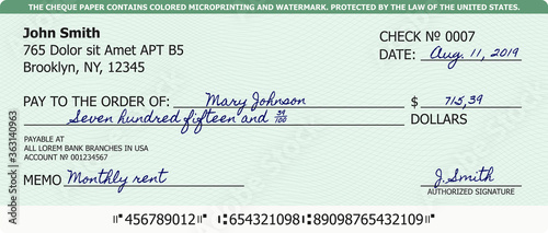 Chequebook template with handwritten text. Vector check (cheque) with guilloche pattern. photo