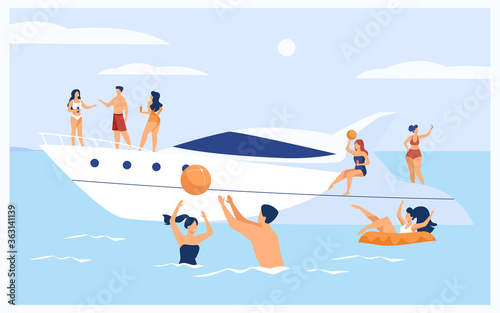 Vacation on yacht concept. Happy tourist characters sailing, drinking cocktails on luxury boat, swimming and playing ball in sea. Vector illustration for cruise, summer water activity topics