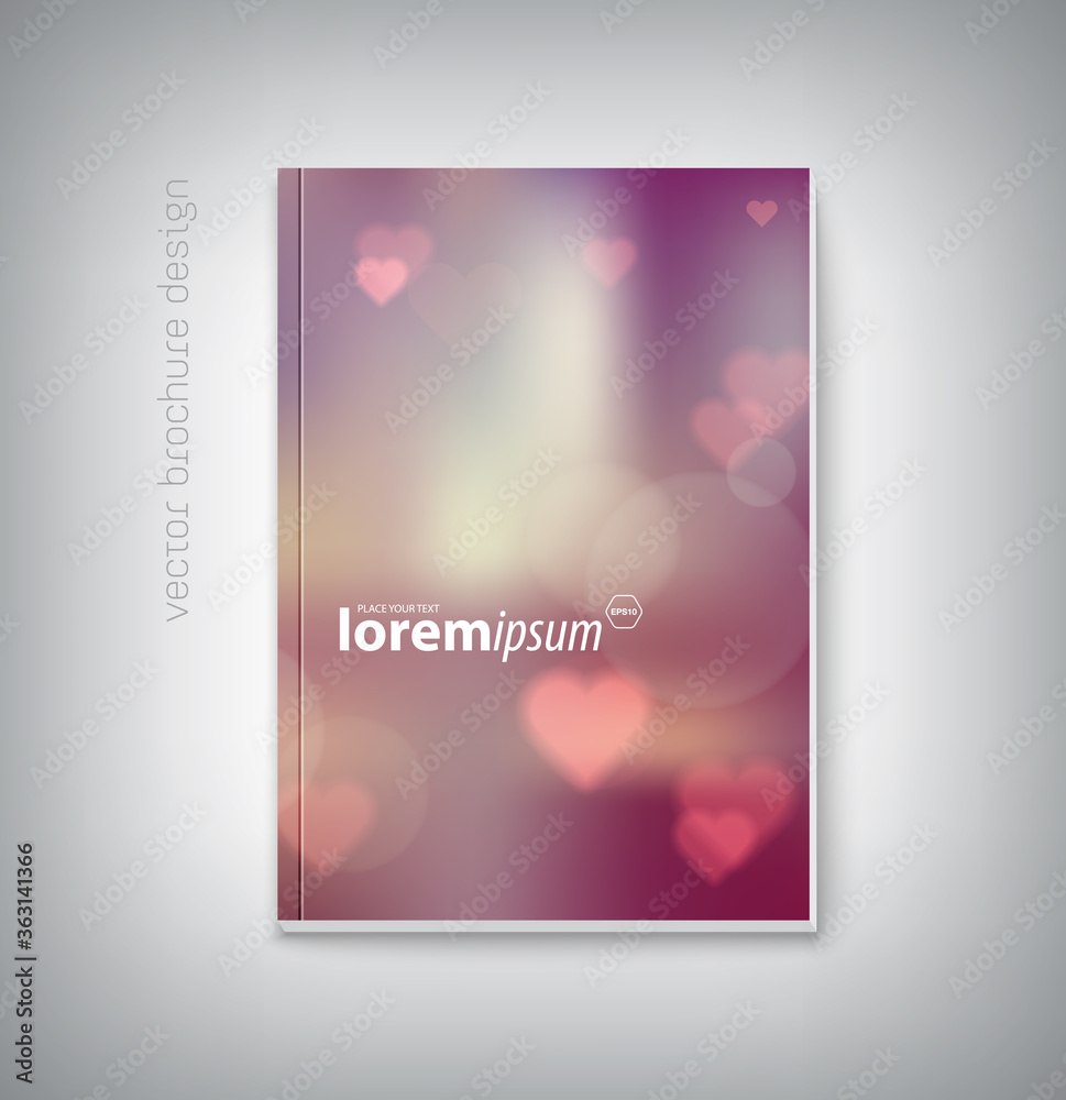 Fototapeta premium vector brochure cover design, book, poster, flyer, banner, booklet template, with soft blurry bokeh background and hearts