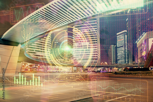 Data theme hologram drawing on city view with skyscrapers background double exposure. Ai concept.