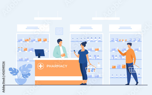 Pharmacy or medical shop concept. People buying medication in drugstore, consulting pharmacist at cash register, choosing drugs at showcase. Vector illustration for pharmaceuticals, healthcare topics