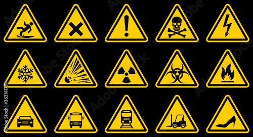 Warning hazard signs. Collection of vector symbols.