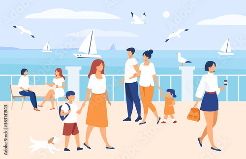 People walking on seaside quay. Tourist characters an cute couple with kids admiring boats in sea and seagulls. Flat illustration for seaside, summer vacation at ocean concept