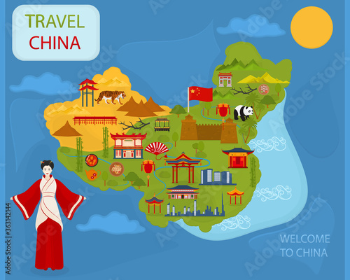 People's Republic of China. Map of China. Traditional Chinese characters and Chinese architecture.