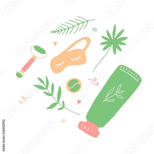Cute girlish beauty poster with cosmetics and tools. Massage roller, sleep mask, patches and hand cream. Doodle hand drawn elements. Vector flat illustration