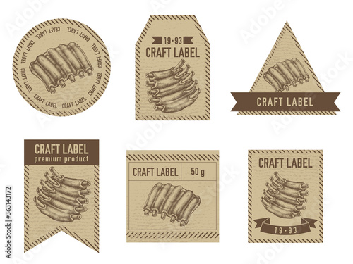 Craft labels vintage design with illustration of Pork ribs