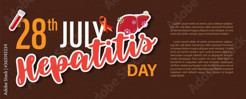 Wording of World Hepatitis Day with blood tube and human liver, example texts isolate on brown background. Poster's campaign in banner vector design.