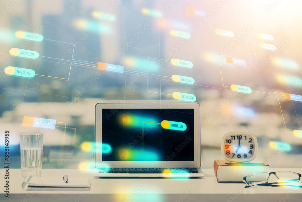 Multi exposure of table with computer on background and data theme drawing. Concept of innovation. Multi exposure of table with computer on background and data theme drawing. Concept of innovation.