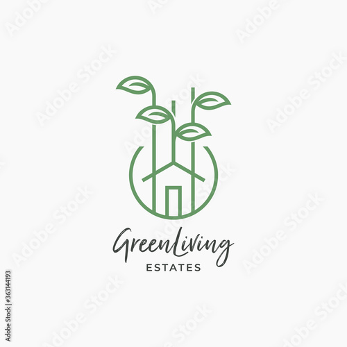 Green Living House with Plant Logo Design