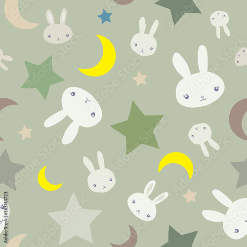 Kids camouflage army seamless pattern design with white bunnies, cute rabbits, stars and moon on green background. Perfect for fabric, textile, kids fashion. Surface pattern design.