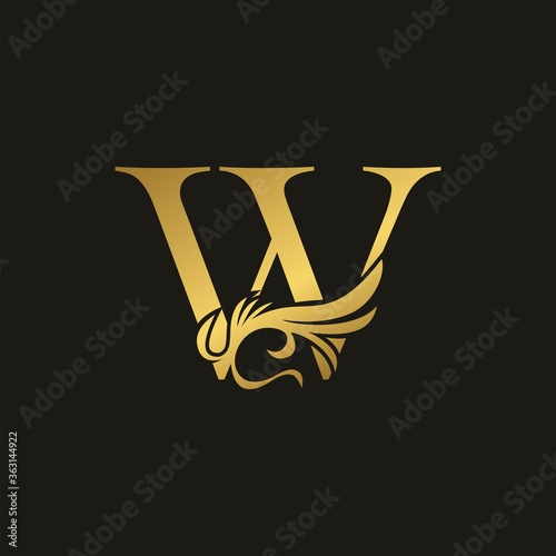 Golden Swirl Ornate Initial Letter W logo icon, vector letter with ornate swirl deco clip art design.