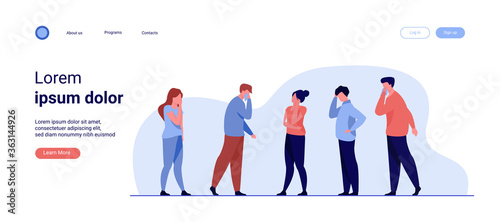 Group of sick people suffering from flu symptoms. Men and women feeling headache, sneezing, applying handkerchief to noses. Vector illustration for healthcare, sickness, infection concept