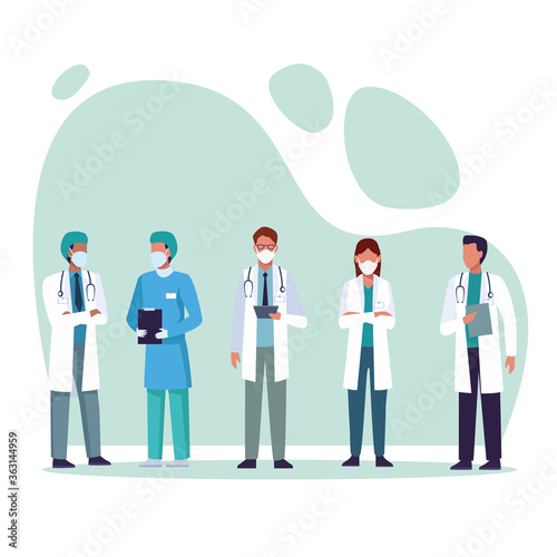 group of doctors wearing medical masks characters