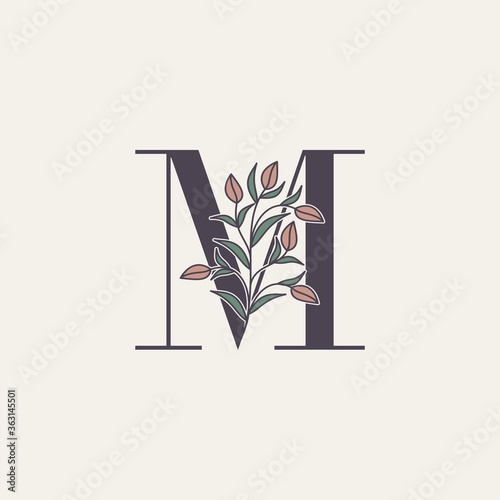 Ornate Initial Letter M logo icon, vector alphabet with flower and natural leaf designs