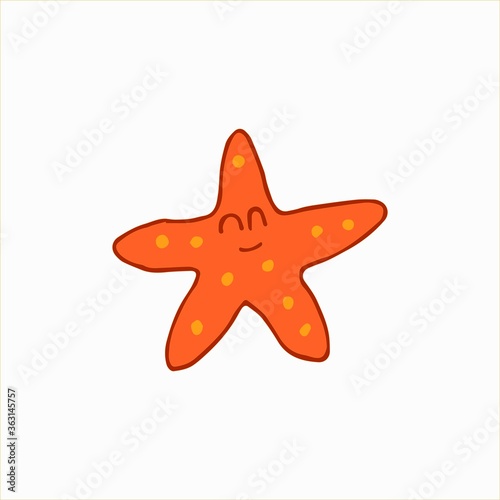 Starfish drawn by hand in doodle style, colored. Isolated on a white background. Web design, vector icon. Orange starfish marine animal.