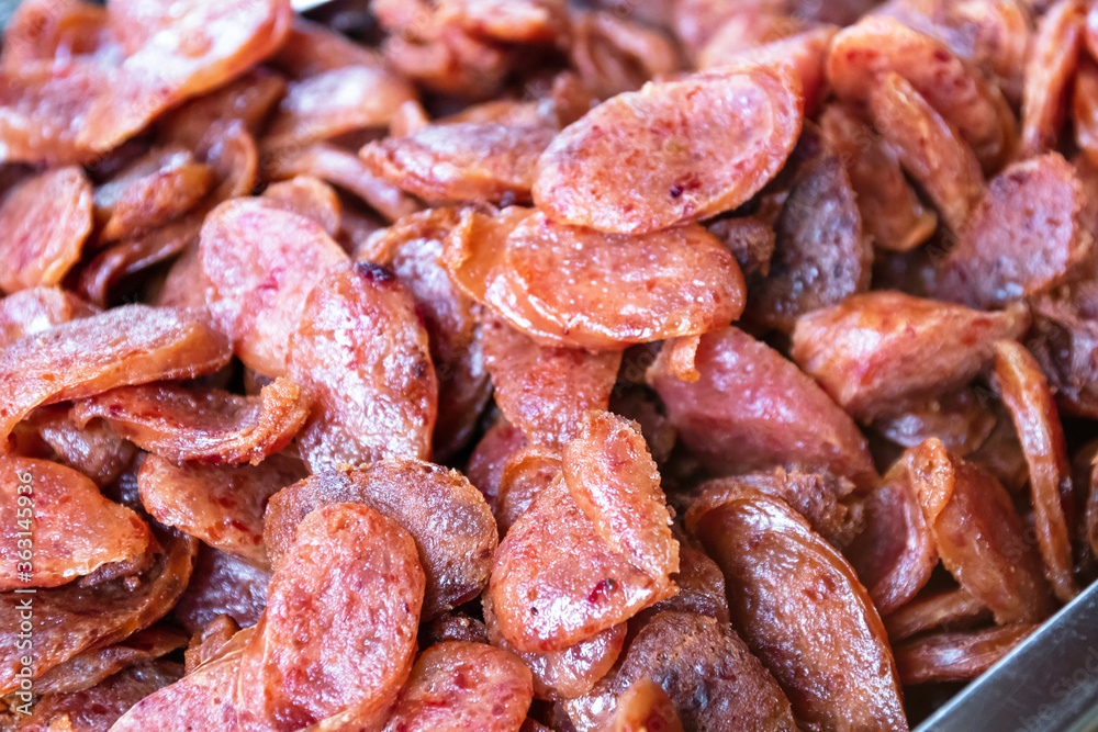 Chinese sausage fried on food tray; simply and delicious. Chinese sausage fried on food tray; simply and delicious.