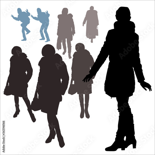 Female vector silhouettes in warm clothes in the winter, in different poses, different ages, isolated on white background, passers-by, buyers, pedestrians.