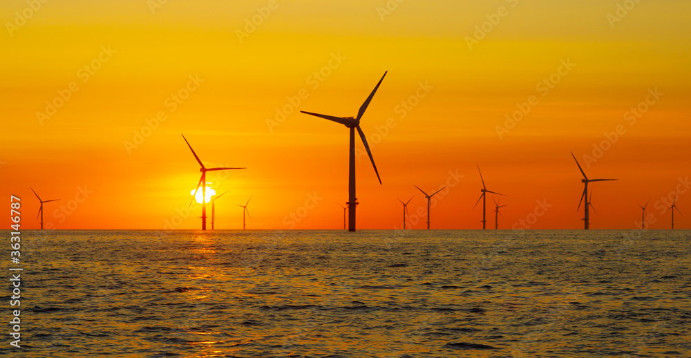 Beautiful sunset at the North Sea offshore wind farm