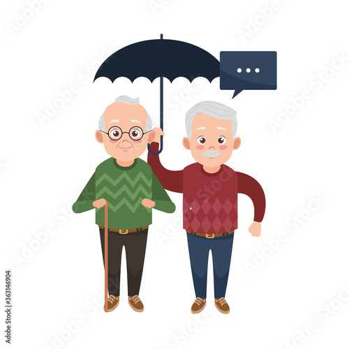 happy old grandfathers with umbrella avatars characters