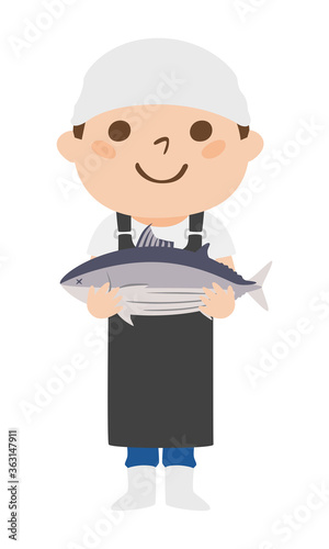 笑顔でカツオを持っている魚屋さんのイラスト。