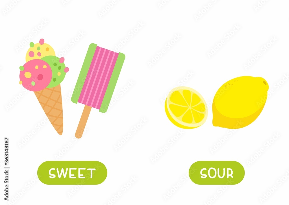 Antonyms concept, SOUR and SWEET. Lemon and ice cream. Educational flash card with food of
