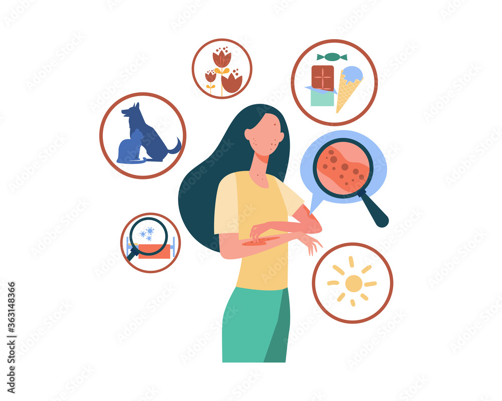 Faceless sad woman suffering from allergy isolated flat vector illustration. Cartoon female character scratching skin with strong eczema. Disease and itching concept Faceless sad woman suffering from allergy isolated flat vector illustration. Cartoon female character scratching skin with strong eczema. Disease and itching concept