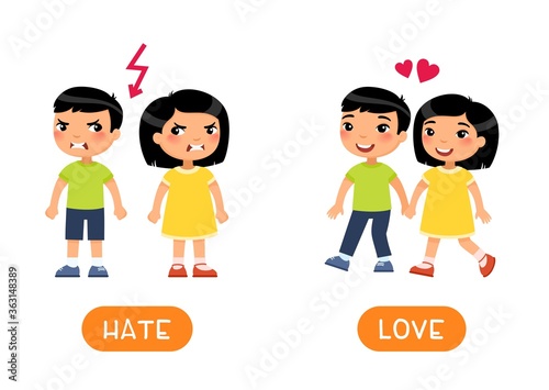 LOVE and HATE antonyms flashcard vector template. Opposites concept. Word card for english language learning with flat characters. Girl and boy quarrel and love illustration with typography