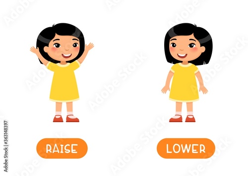 RAISE and LOWER antonyms flashcard vector template. Opposites concept. Word card for english language learning with flat characters. Asian girl elevating hands illustration with typography