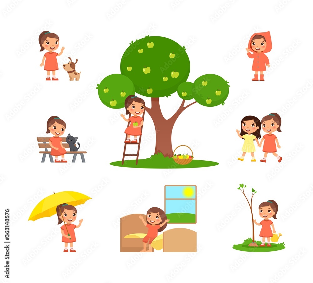 Little girl is spending time in the countryside. The concept of summer fun. Village holiday, harvesting. Cartoon character, set of flat vector illustrations.