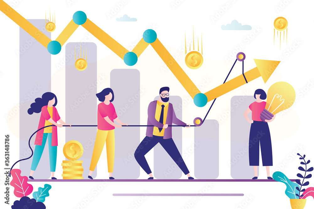 Business team with rope raise falling chart. Crisis management, increase in profit and income.Teamwork and brainstorming. Business team with rope raise falling chart. Crisis management, increase in profit and income.Teamwork and brainstorming.