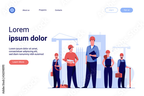 Construction team working on site. Builders, engineers, architects in helmets and overalls holding blueprints, toolkits, measuring tools. Vector illustration for building, engineering, labor