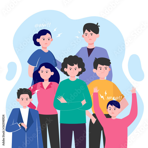 Angry people brawling isolated flat vector illustration. Young arrogant men and women annoying. Communication, behavior and society problem concept