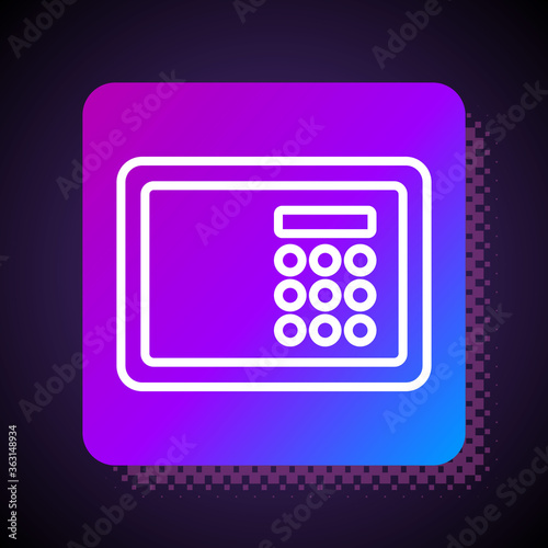 White line Safe icon isolated on black background. The door safe a bank vault with a combination lock. Reliable Data Protection. Square color button. Vector.