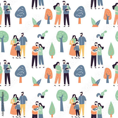 Wallpaper Mural Seamless pattern with love couples with children outdoors. People together walking in park. Texture background with cute family. Torontodigital.ca