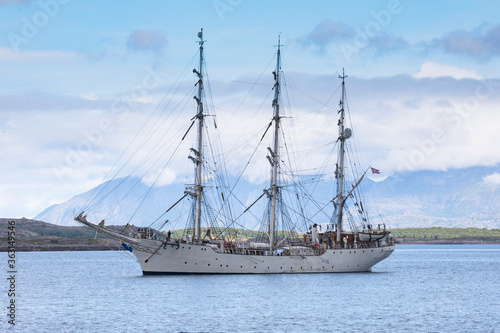 Old sail ship Christian Radich arrives at Bronnoysund harbor in Nordland county