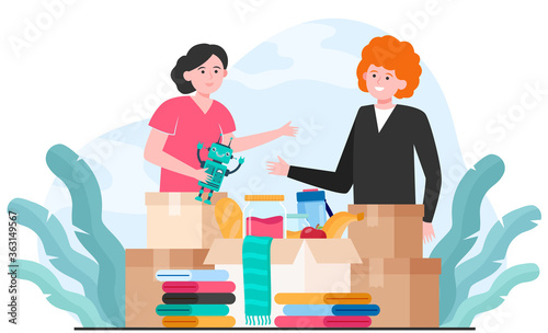 Generous volunteers donating clothes, toys and food isolated flat vector illustration. Charity team collecting humanitarian box. Humanity and donation concept