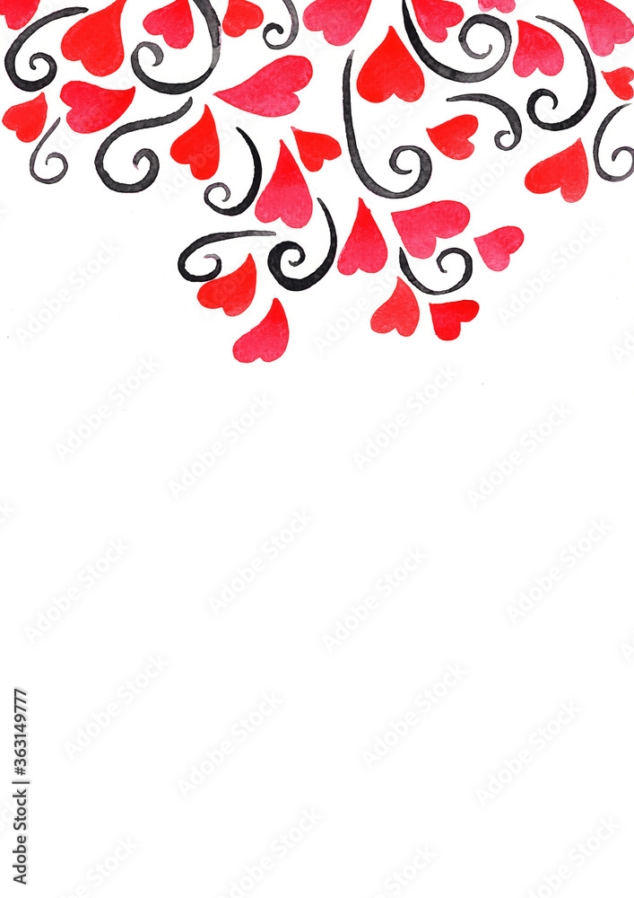 Red heart and black ivy watercolor hand painting background for decoration on Valentine's day and wedding events.
