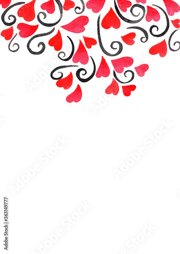 Fototapeta Naklejka Na Ścianę i Meble -  Red heart and black ivy watercolor hand painting background for decoration on Valentine's day and wedding events.